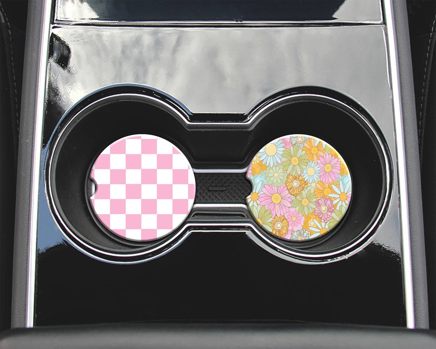 Floral and Pink Check Car Coaster Set