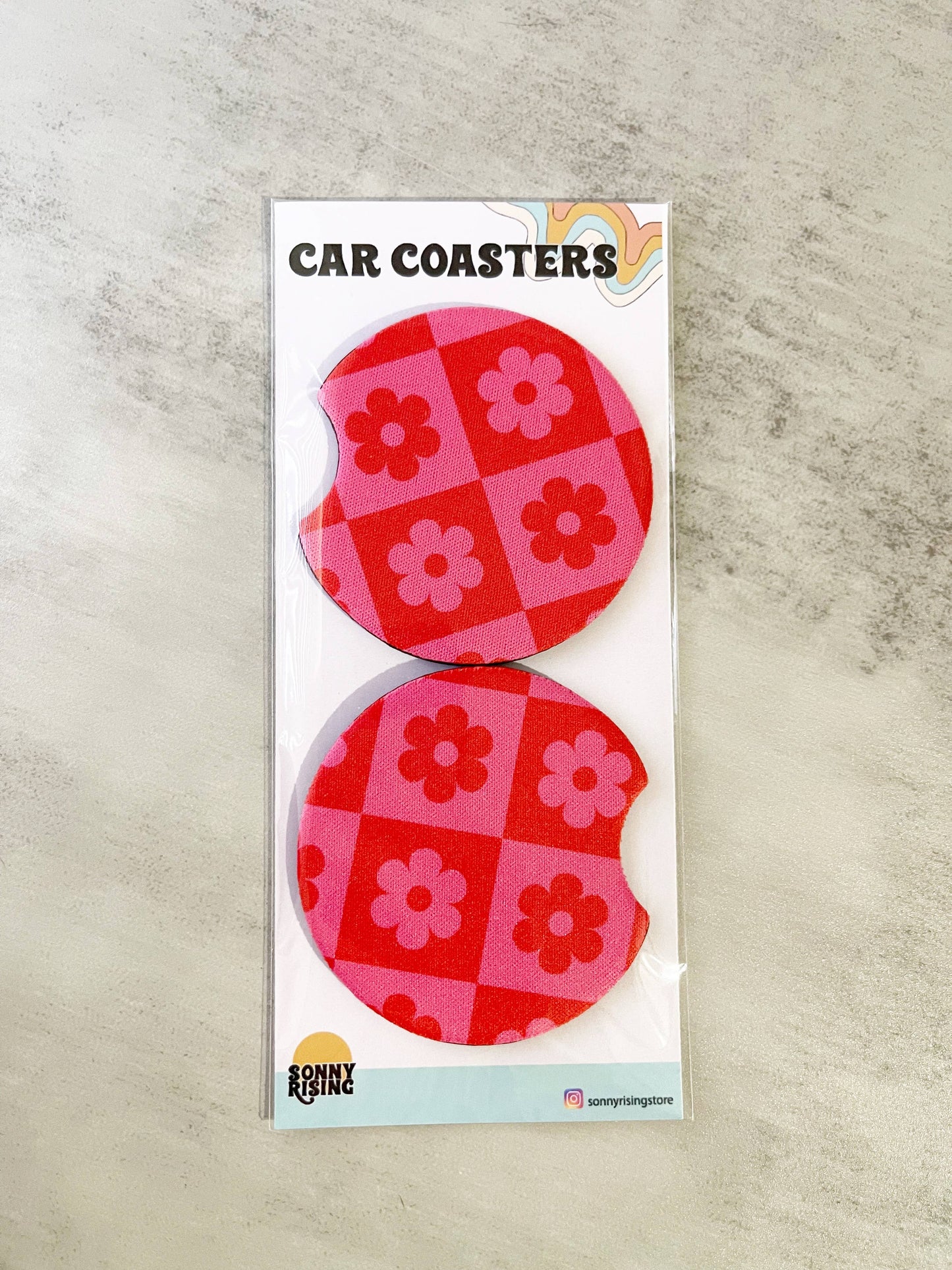 Pink Checkered Daisy Car Coaster Set