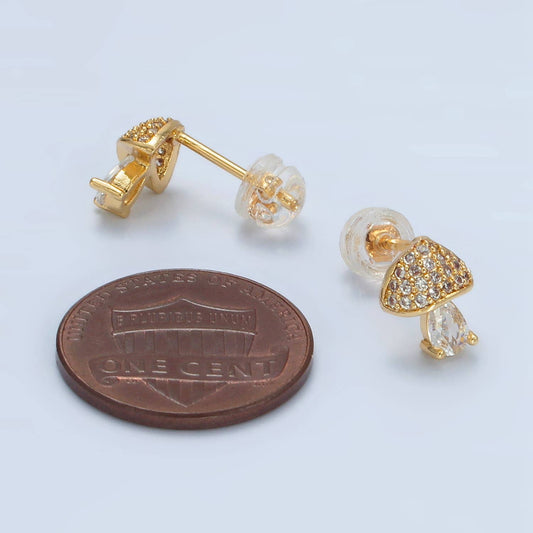 24K Gold Filled CZ Paved Mushroom Stud Earrings