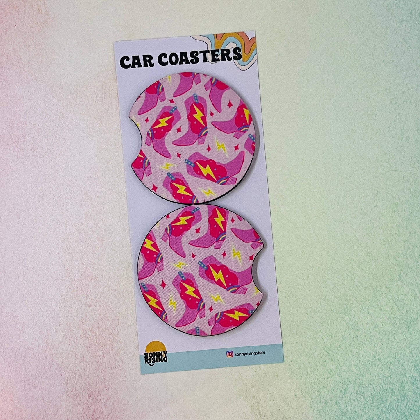 Pink Lightening Cowgirl Boot Car Coaster Set