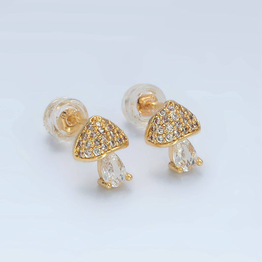 24K Gold Filled CZ Paved Mushroom Stud Earrings