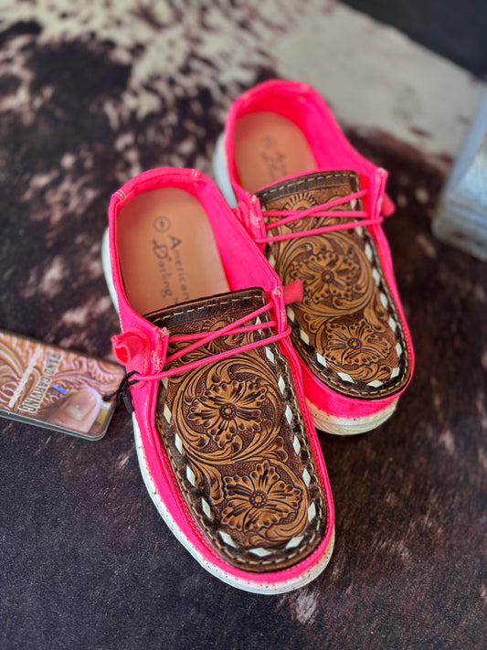 Hot Pink Hand Tooled Shoes