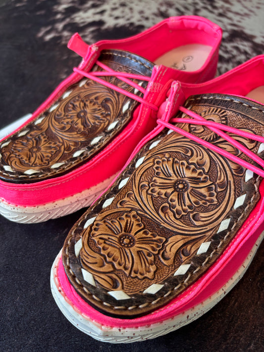 Hot Pink Hand Tooled Shoes